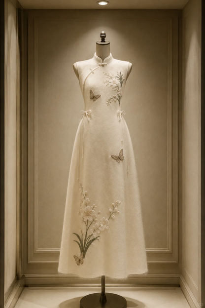 ✨Girlhomeshops-Cream High Collar Embroidered Cheongsam Dress with Butterfly & Orchid gh10417