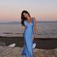 Blue simple elegant V-neck long satin ball gown evening dress gh3165