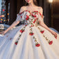 White gorgeous delicate rose applique long A-line tulle ball gown evening gown wedding dress gh3341