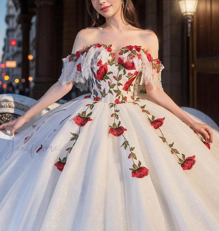 White gorgeous delicate rose applique long A-line tulle ball gown evening gown wedding dress gh3341