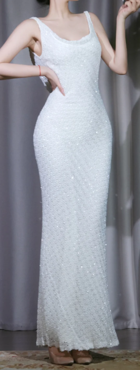 ✨Girlhomeshops-White Sequin Mermaid Evening Dress, U Neck Wide Strap Sparkly Formal Gown for Women gh9921