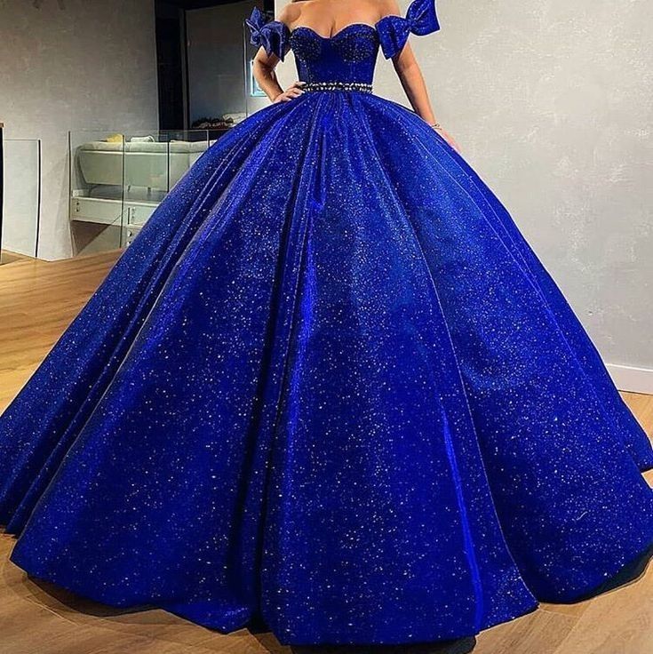 Blue gorgeous shiny sequined off-the-shoulder long ball gown evening dress gh3090