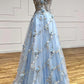 Blue lace applique elegant fantasy long prom dress a line evening gown gh2308