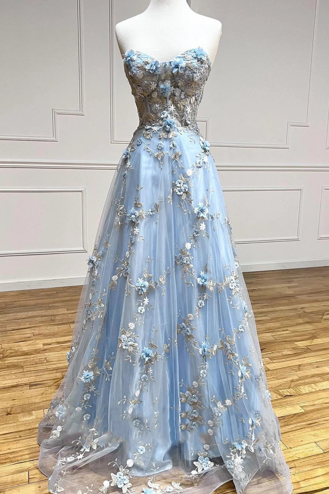 Blue lace applique elegant fantasy long prom dress a line evening gown gh2308