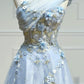 Blue lace applique elegant fantasy long prom dress a line evening gown gh2308