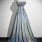 Blaues, modisches, elegantes, schulterfreies A-Linien-Abendkleid aus Satin mit bodenlangem, langem Ballkleid und Abendkleid mit Farbverlauf, Abschlusskleid gh3438