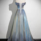 Blaues, modisches, elegantes, schulterfreies A-Linien-Abendkleid aus Satin mit bodenlangem, langem Ballkleid und Abendkleid mit Farbverlauf, Abschlusskleid gh3438