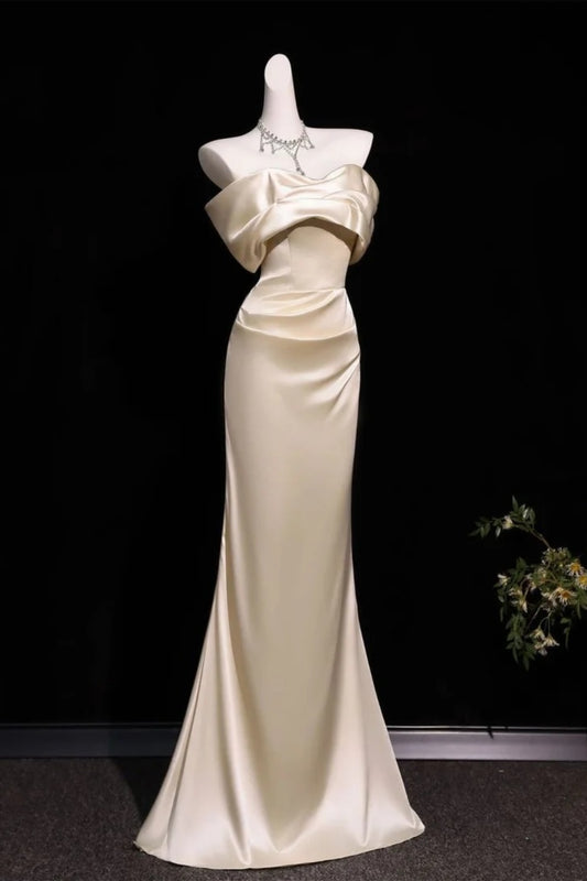 Champagne-Colored Satin Gown, Elegant Long Evening Dress gh7082