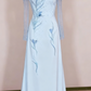 Abendkleid Hellblau Satin Transparent Langärmelig Perlenbesetztes Blumenmuster Bodenlanges Abendkleid gh6389