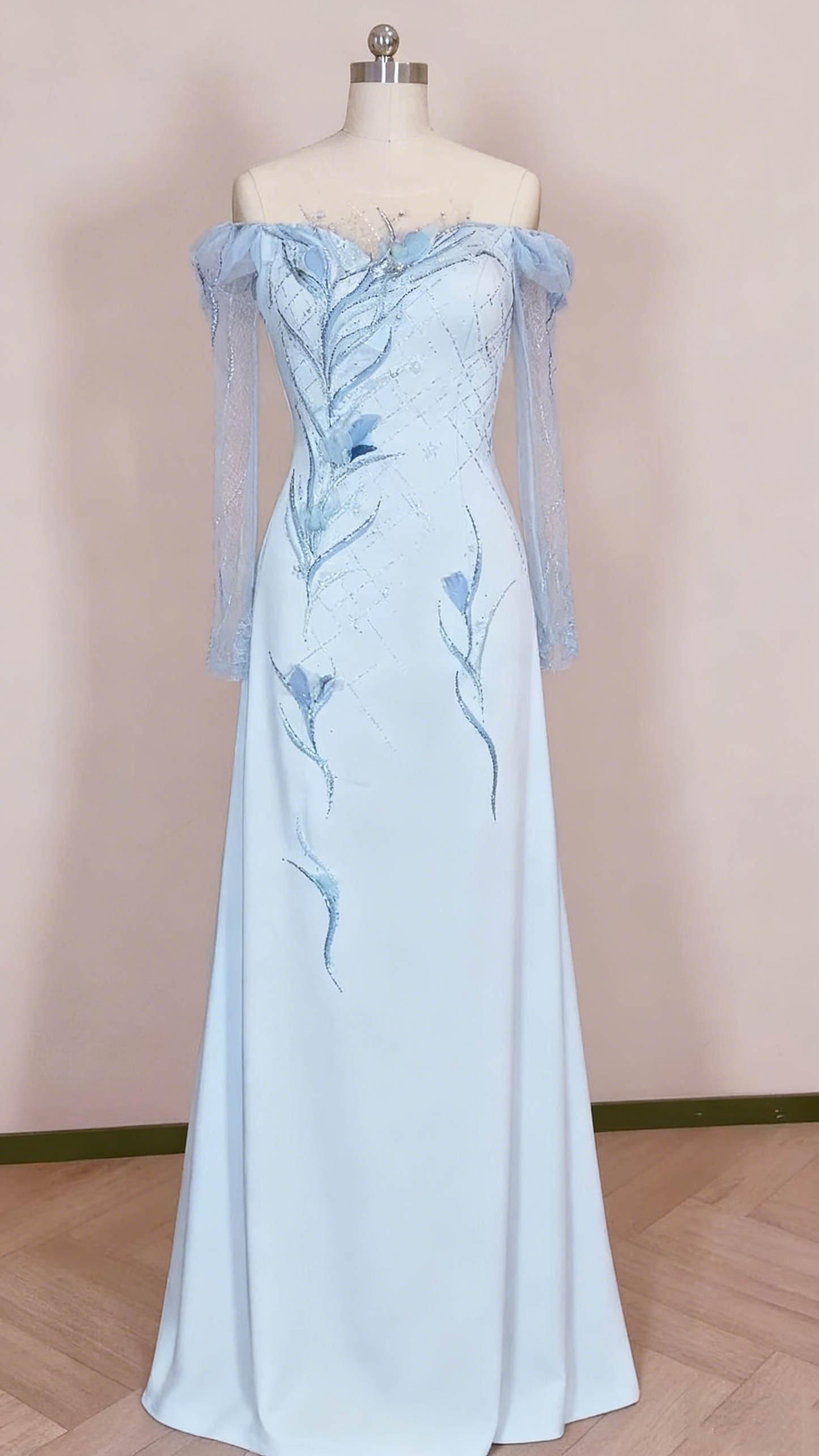 Abendkleid Hellblau Satin Transparent Langärmelig Perlenbesetztes Blumenmuster Bodenlanges Abendkleid gh6389