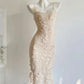 Soft Gold Scale Light Spaghetti Strap Sequin Mermaid Maxi Dress gh6919