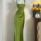 girlhomeshops-Olive Green Satin Spaghetti - Strap Prom Dress girl dress gh5844