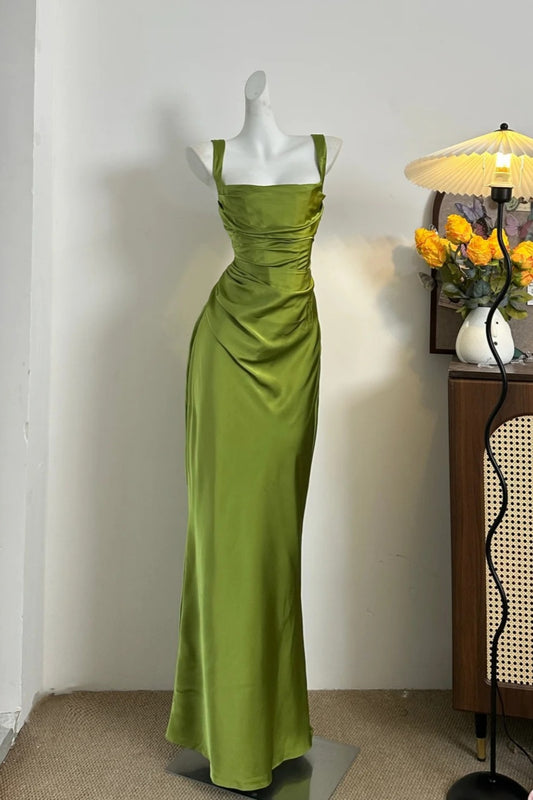 girlhomeshops-Olive Green Satin Spaghetti - Strap Prom Dress girl dress gh5844