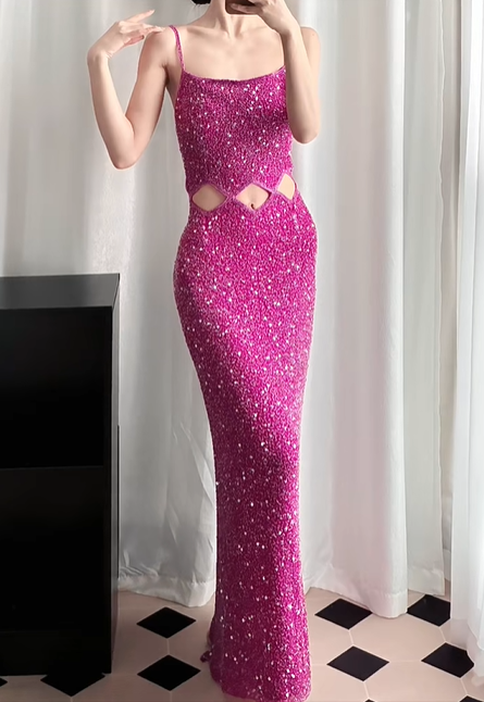 Fuchsia‑Sequin‑Gown Spaghetti‑Strap Square‑Neck Diamond‑Waist‑Cutout Bodycon‑Mermaid‑Maxi Back‑Slit All‑Over‑Sparkle‑Sequins Sexy‑Evening‑Prom‑Party‑Dress gh8834
