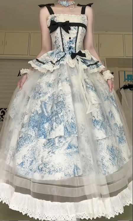 Blue‑White Castle Print Spaghetti Strap Lolita Gown, Ruffled Square Neck, Black Ribbon Bows, Corset‑Style Bodice, Tiered Ruffle Waist Yoke, Tulle Layered Maxi Skirt, Lace Trim Party Dress gh8925