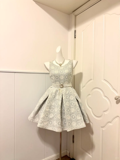 Women Light Grey Vintage Homecoming Dress, Sleeveless Round Neck, Allover White Floral Jacquard, Wide Pearl Rhinestone Waist Sash, High Waist Pleated A-Line Mini Party Dress gh9262