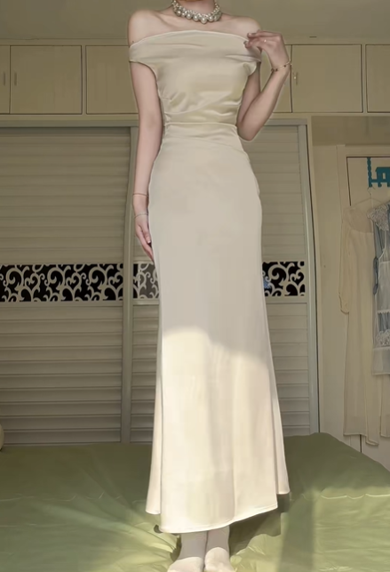 Off‑White Off‑The‑Shoulder Satin Long Evening Gown, Draped Fitted Mermaid Formal Prom Dress gh9034