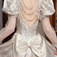 Champagne Vintage Satin Wedding Gown, Illusion Lace High Neck Over Sweetheart Neck, Puff Shoulder Lace Long Sleeves, Gold‑Thread Lace Appliqué Pointed Waist, A‑Line Satin Long Train With Ruffle Lace Hem, Prom Dress gh8651