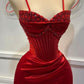 Red Fashion Elegant Exquisite Beaded Spaghetti Straps Long Sexy Slit Satin Ball Gown Evening Dress Party Dress gh3424