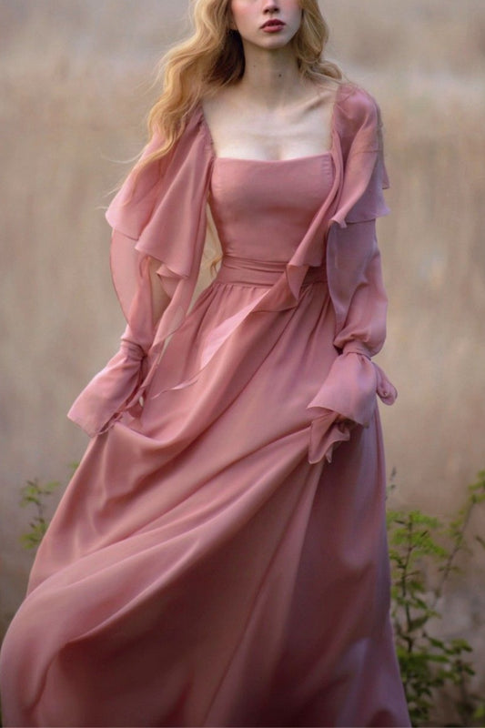 girlhomeshops-Vintage elegant long sleeve A-line pink chiffon formal prom dress prom dress gh5751