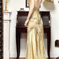 Champagne Gold Vintage Halter Prom Gown, V‑Neck, Floral Lace Embroidery Appliqués, Fitted Waist Mermaid Silhouette, Satin And Lace Mixed Long Skirt, Vintage Evening Prom Dress gh8754