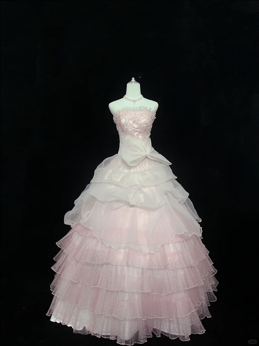 Blush Pink Gradient Strapless Cinched Waist Voluminous Tiered Skirt Romantic Dress, Wedding Gown gh8057