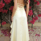 Light Yellow Satin Spaghetti Strap Maxi Dress - V-Neck Ruffle High-Slit Garden Party/Beach Vacation/Light Evening Dress gh6996