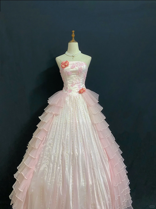 Blush Pink Strapless Long Romantic Gown with Embroidery, Fitted Waist and Fluffy Tiered Cake Skirt, Wedding Dress & Bridal Gown gh8322