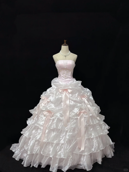 Blush Pink Strapless Romantic Gown, Fitted Waist, Fluffy Tiered Skirt, Wedding Dress & Bridal Gown gh8181