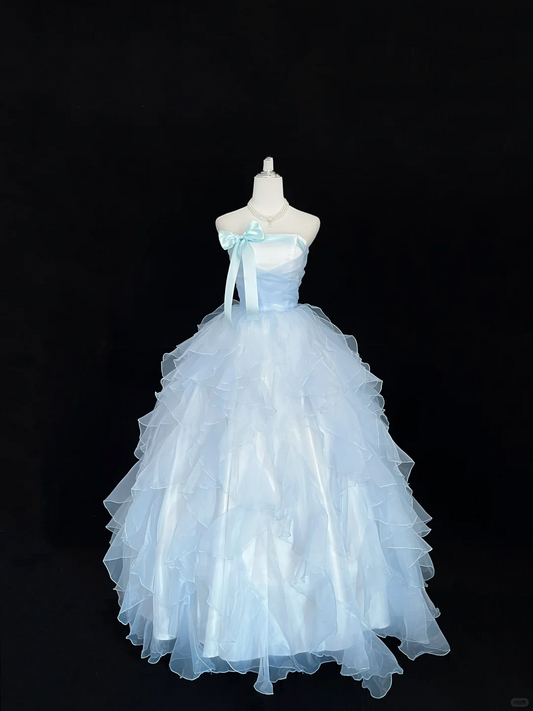 Light Blue Strapless Cinched Waist Voluminous Tiered Skirt Romantic Dress, Wedding Gown gh7921