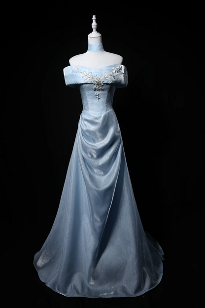 Premium Satin Off-Shoulder Waist-Cinched Fitted A-Line Long Evening Dress, Fairy Gown, Romantic Gown gh7471