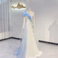 Light Blue and White Color Block Long Sleeve Waist-Cinched Slimming Long Evening Dress, Fairy Gown, Romantic Gown gh7389