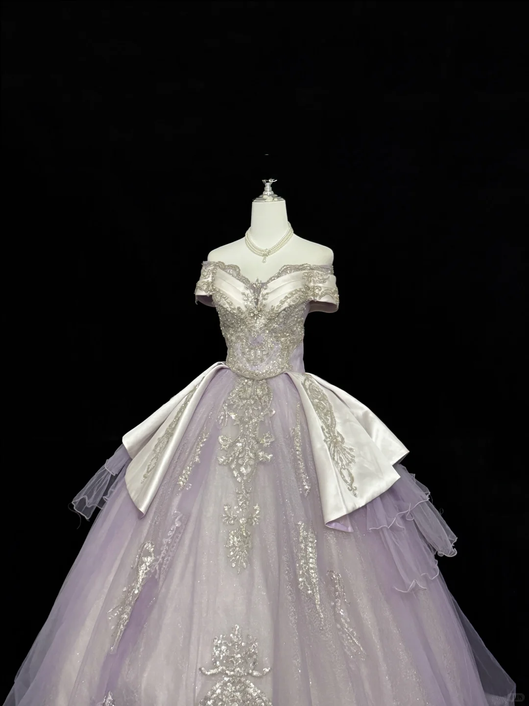 Lavender Off-the-Shoulder Cinched Waist Silver Decorations Voluminous Skirt Long Romantic Dress, Wedding Gown gh7838