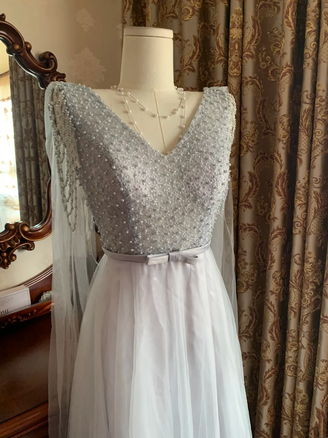Haze Blue V-Neck Waist-Cinched Elegant Prom Gown, Evening Formal Dress gh7242