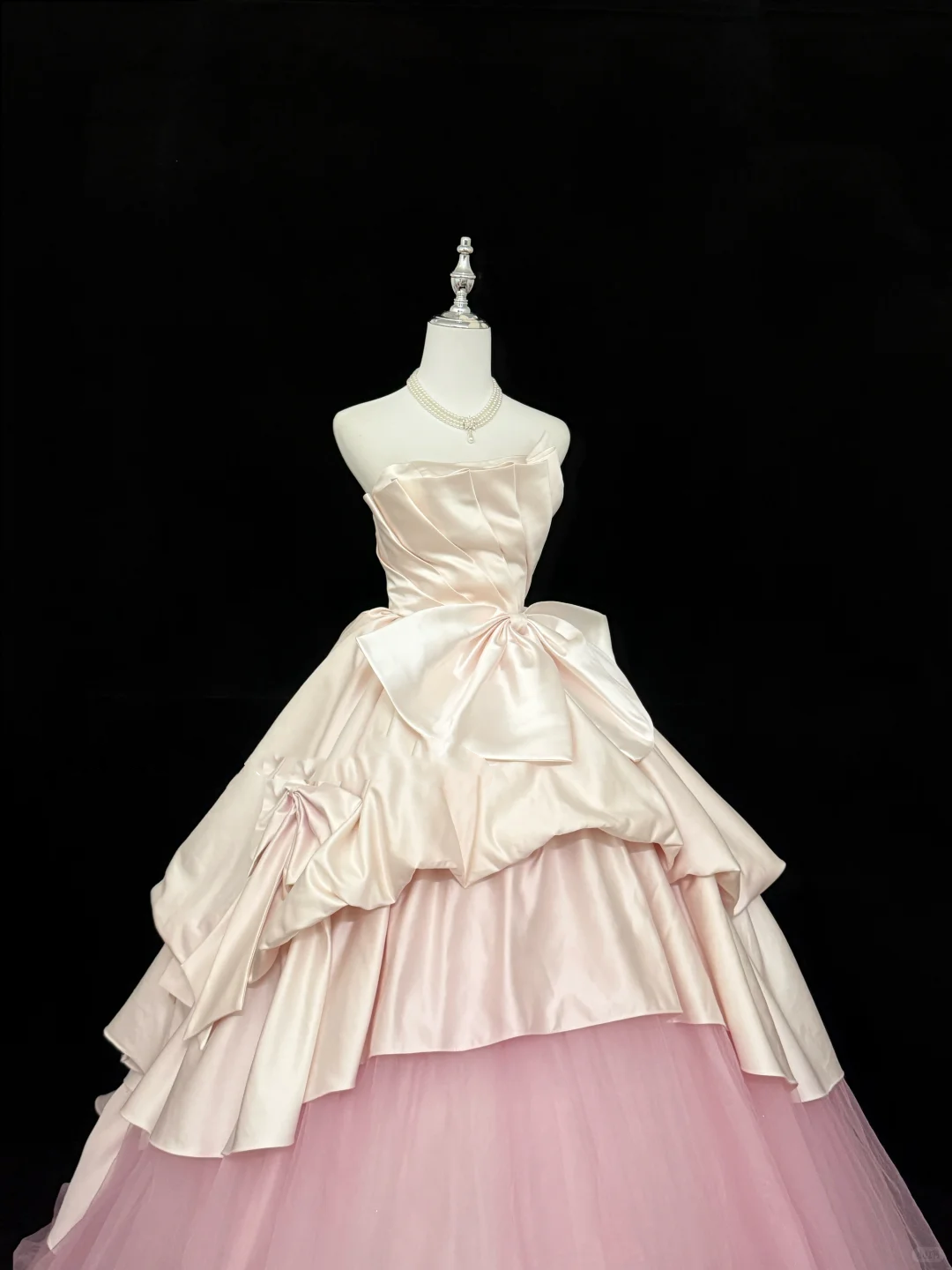 Blush Pink Satin Strapless Cinched Waist Voluminous Skirt Long Romantic Dress, Wedding Gown gh7873