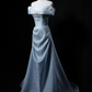 Premium Satin Off-Shoulder Waist-Cinched Fitted A-Line Long Evening Dress, Fairy Gown, Romantic Gown gh7471