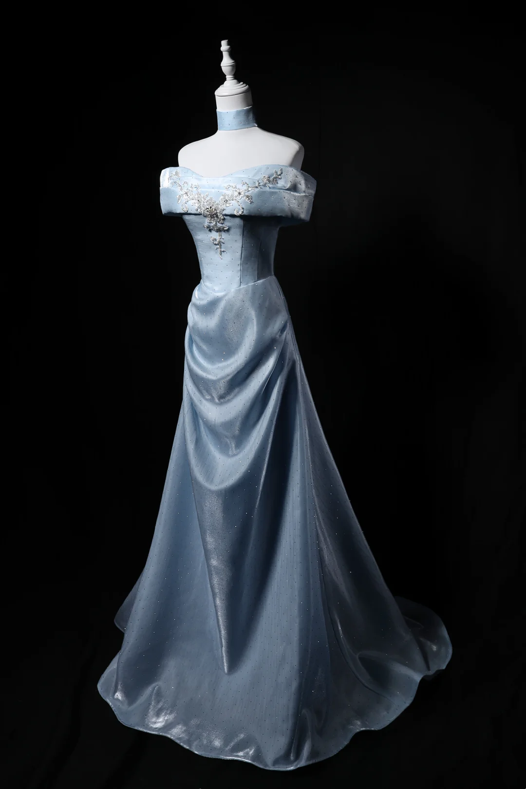 Premium Satin Off-Shoulder Waist-Cinched Fitted A-Line Long Evening Dress, Fairy Gown, Romantic Gown gh7471