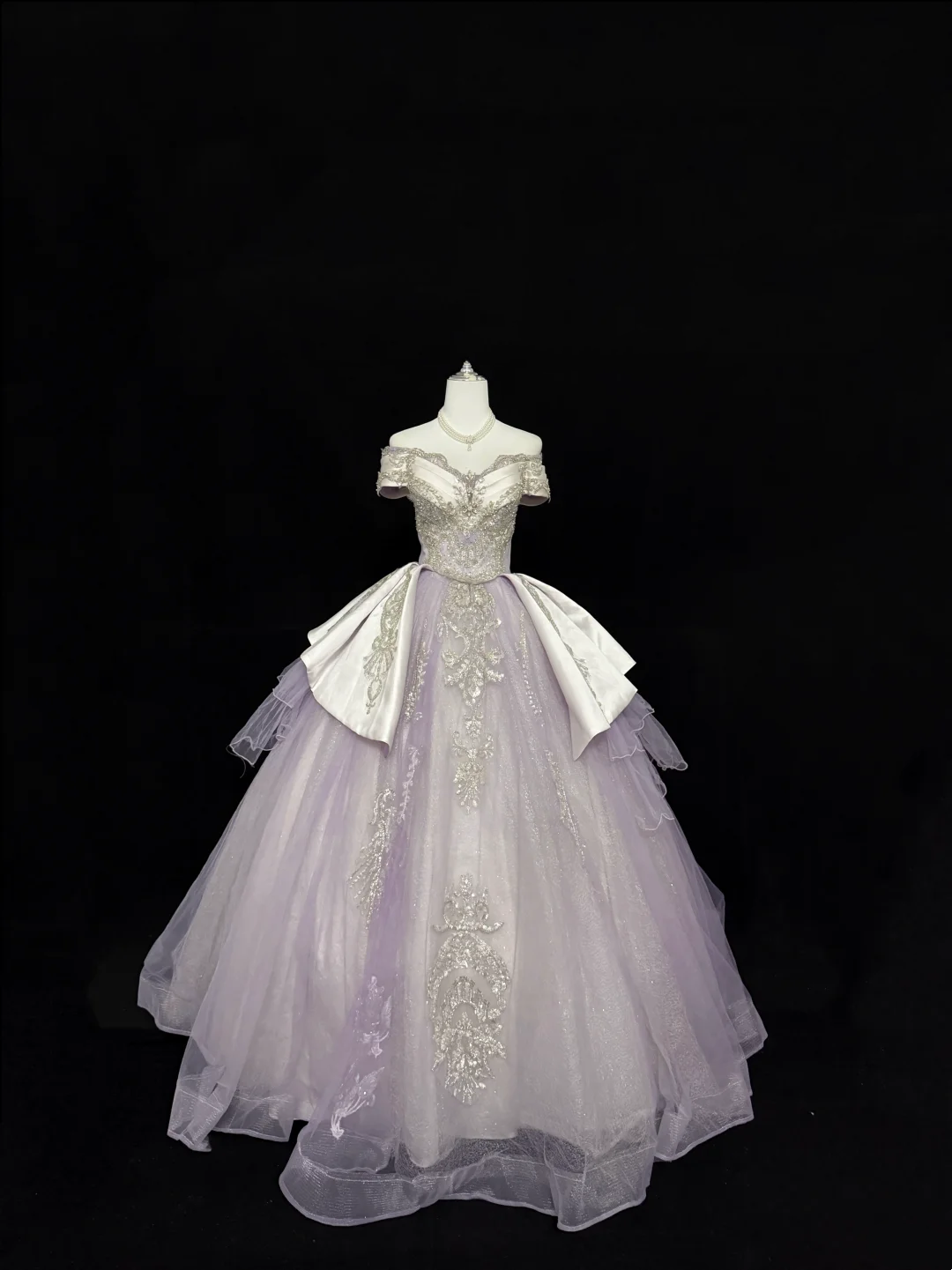 Lavender Off-the-Shoulder Cinched Waist Silver Decorations Voluminous Skirt Long Romantic Dress, Wedding Gown gh7838