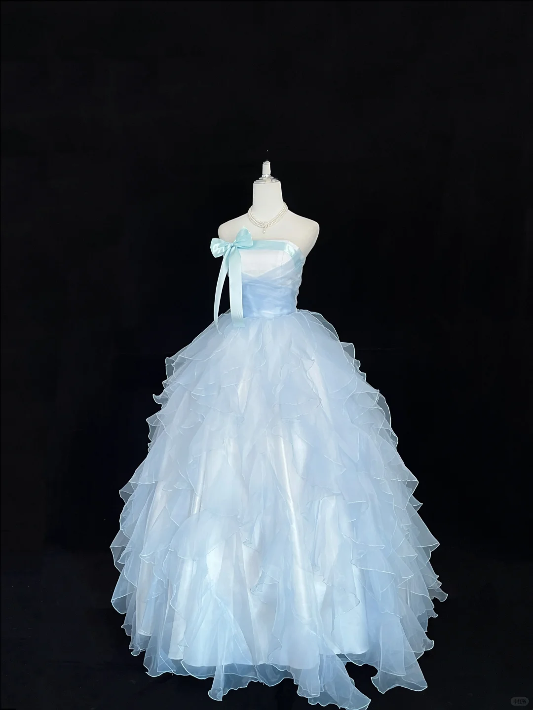 Light Blue Strapless Cinched Waist Voluminous Tiered Skirt Romantic Dress, Wedding Gown gh7921