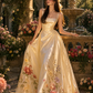 Light Yellow Spaghetti Straps Waist-Cinched Embroidery Flared Skirt Elegant Prom Dress, Evening Gown gh7299