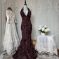 Retro Brown Halter Neck Fitted Hip Hugging Sexy Evening Gown gh7142