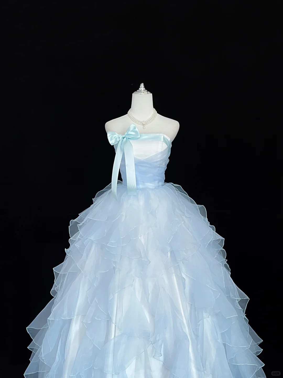 Light Blue Strapless Cinched Waist Voluminous Tiered Skirt Romantic Dress, Wedding Gown gh7921