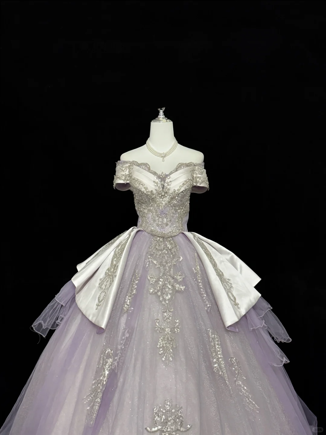 Lavender Off-the-Shoulder Cinched Waist Silver Decorations Voluminous Skirt Long Romantic Dress, Wedding Gown gh7838