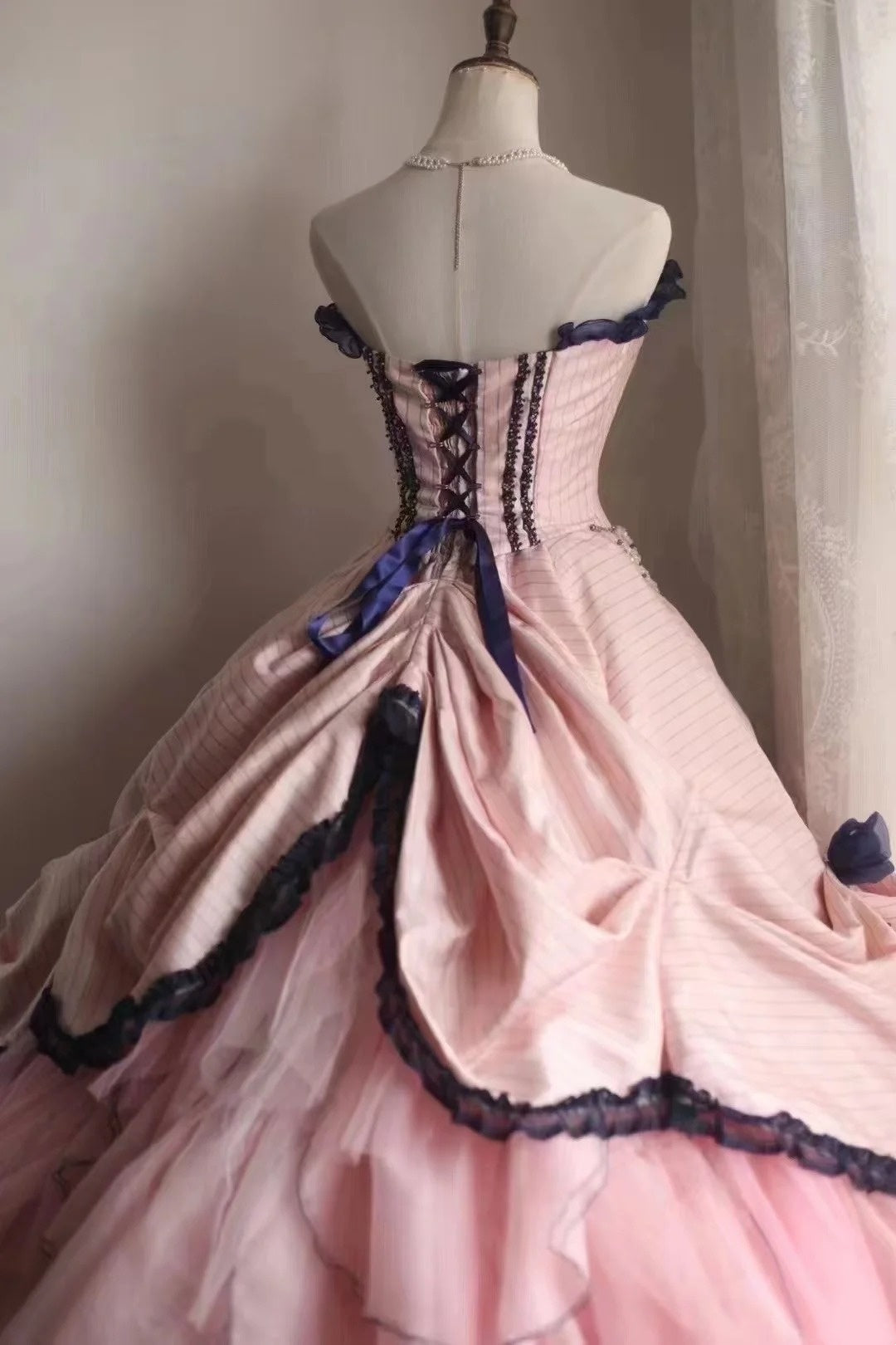 girlhomeshops-Sleeveless Pink - Blue Contrast Lace - decorated Puff dress, Retro Court - style Satin Floor - length Evening Dress gh5830