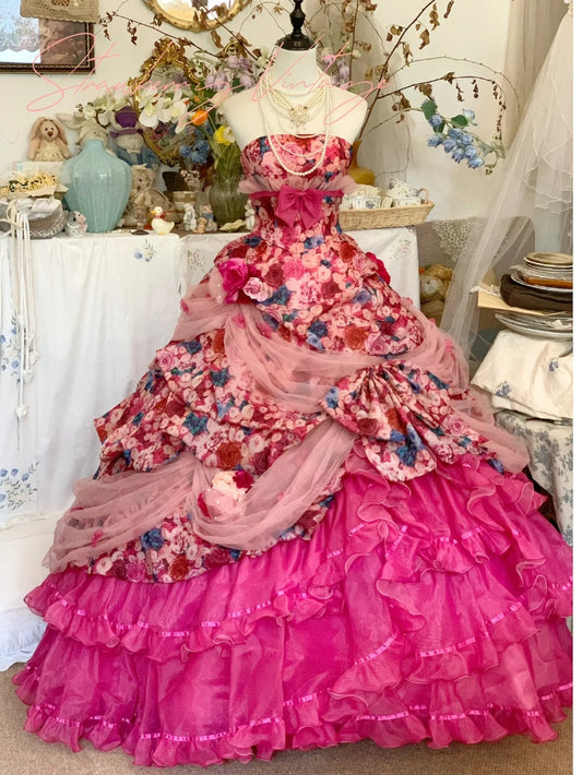 Rosa Komplex Floral Lange Tüll Kuchen Kleid Ballkleid Abendkleid Quinceanera Kleider Brautkleid gh4580