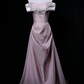 Premium Satin Off-Shoulder Waist-Cinched Fitted A-Line Long Evening Dress, Fairy Gown, Romantic Gown gh7471