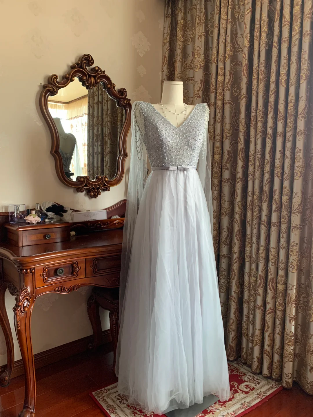 Haze Blue V-Neck Waist-Cinched Elegant Prom Gown, Evening Formal Dress gh7242