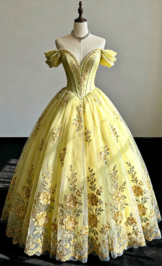 girlhomeshops-Gelbes, langes Vintage-Ballkleid aus Tüll mit Blumenmuster gh6240