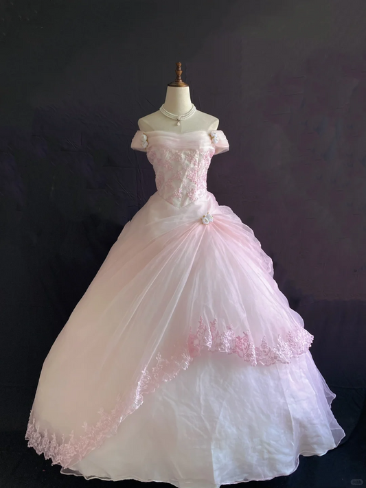 Light Pink Off Shoulder Romantic Gown, Cinched Waist, Vintage Voluminous Princess Skirt, Wedding Dress & Bridal Gown gh8226