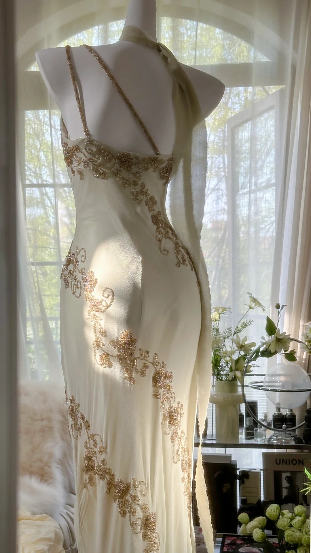 Elfenbein/Grün Vintage Fashion One Shoulder Exquisite Perlen Langes Chiffon Ballkleid Geburtstagspartykleid Cocktailpartykleid Abendkleid Ballkleid gh3971